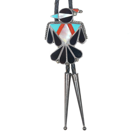 c1970 Zuni Thunderbird sterling silver channel inlay bolo tie turquoise/shell - Estate Fresh Austin