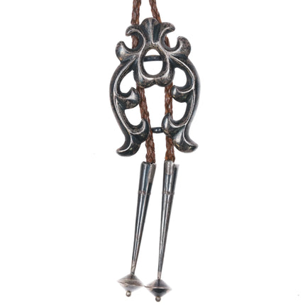 c1950 Navajo Fancy cast sterling silver bolo tie brown leather cord 42" - Estate Fresh Austin