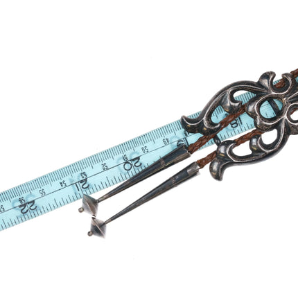 c1950 Navajo Fancy cast sterling silver bolo tie brown leather cord 42" - Estate Fresh Austin
