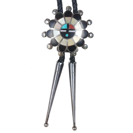 c1980 Zuni Sterling silver sunface bolo tie shell, jet, turquoise inlay - Estate Fresh Austin