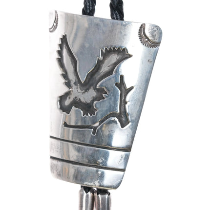 c1980 Vintage CJ Jr Navajo Sterling silver eagle bolo tie in overlay style - Estate Fresh Austin