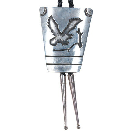 c1980 Vintage CJ Jr Navajo Sterling silver eagle bolo tie in overlay style - Estate Fresh Austin