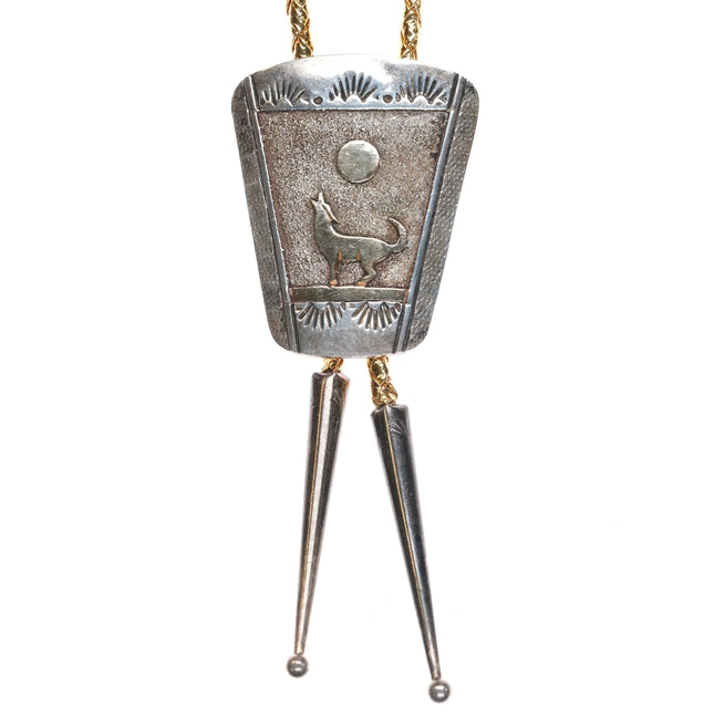 c1980 Vintage Sterling/gold filled Navajo Wolf howling at the moon bolo tie - Estate Fresh Austin