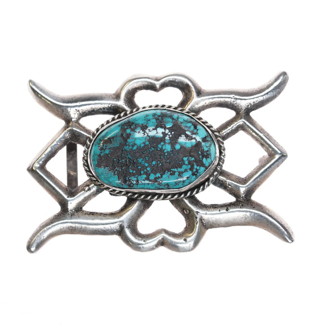 50's-60's Navajo cast sterling silver belt buckle with large turquoise stone - Estate Fresh Austin