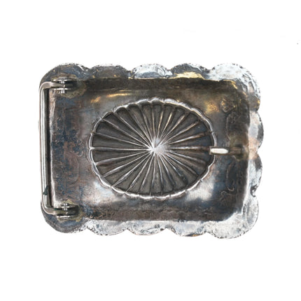 Vintage Navajo sterling silver nicely stamped belt buckle with center turquoise - Estate Fresh Austin
