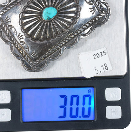 Vintage Navajo sterling silver nicely stamped belt buckle with center turquoise - Estate Fresh Austin