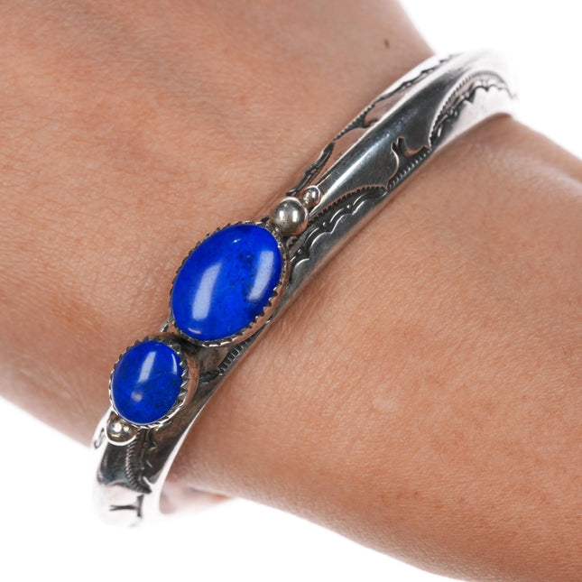 6.5" Jeanette Dale Navajo sterling silver lapis 2 stone carinated cuff bracelet - Estate Fresh Austin