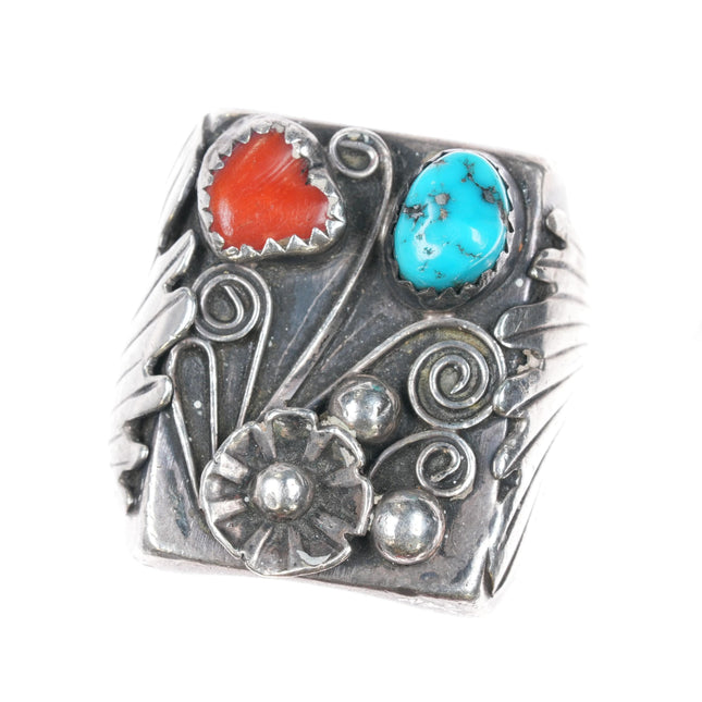 sz10 Large 1970's Navajo sterling, turquoise, coral square top silver ring - Estate Fresh Austin