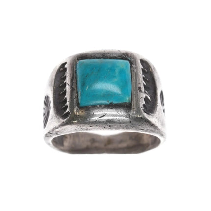 sz5 Vintage Navajo sterling silver and turquoise deep stamped signet ring - Estate Fresh Austin
