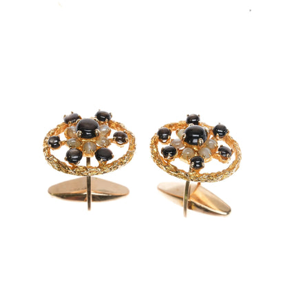 Lucien Piccard 14k gold Tiger's Eye, and pearl cufflinks - Estate Fresh Austin