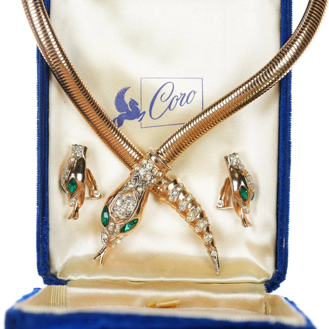 Vintage Coro snake costume jewelry Necklace and earrings rhinestone set