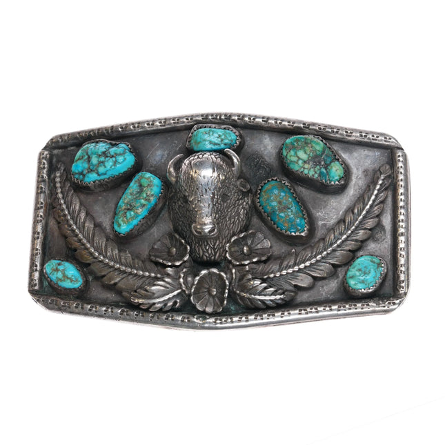 1960's BB Navajo sterling silver turquoise nugget 3D Buffalo belt buckle - Estate Fresh Austin