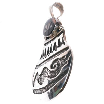 Irv Monte Navajo Sterling silver olla pendant w/jet/coral intarsia inlay - Estate Fresh Austin