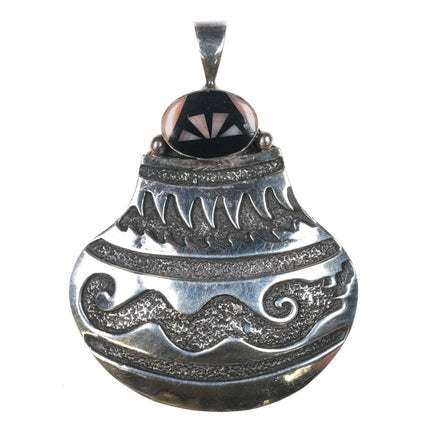 Irv Monte Navajo Sterling silver olla pendant w/jet/coral intarsia inlay - Estate Fresh Austin