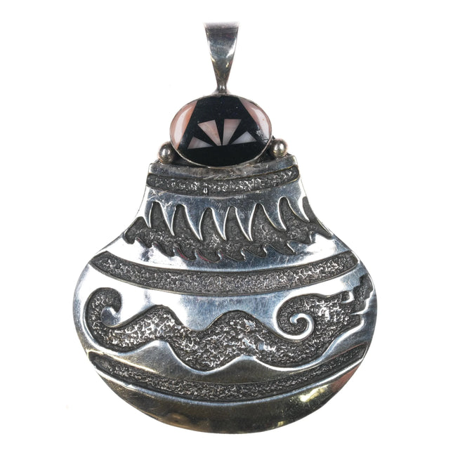 Irv Monte Navajo Sterling silver olla pendant w/jet/coral intarsia inlay - Estate Fresh Austin