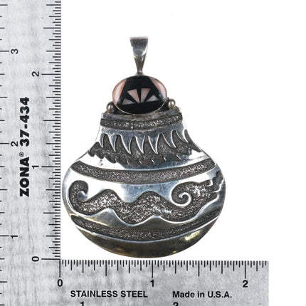 Irv Monte Navajo Sterling silver olla pendant w/jet/coral intarsia inlay - Estate Fresh Austin