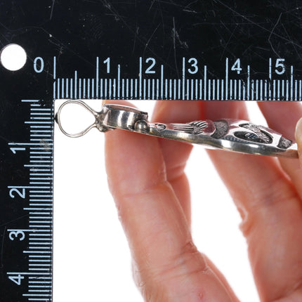 Irv Monte Navajo Sterling silver olla pendant w/jet/coral intarsia inlay - Estate Fresh Austin