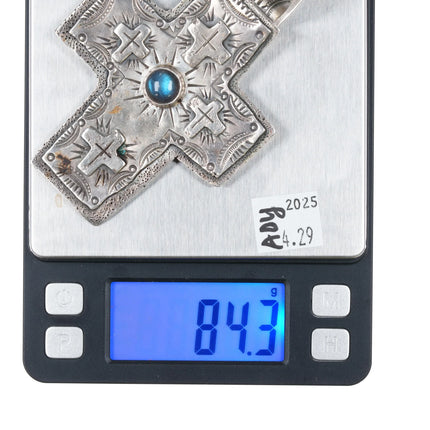 Huge 90's LB Southwestern hand stamped sterling silver labradorite cross pendant - Estate Fresh Austin