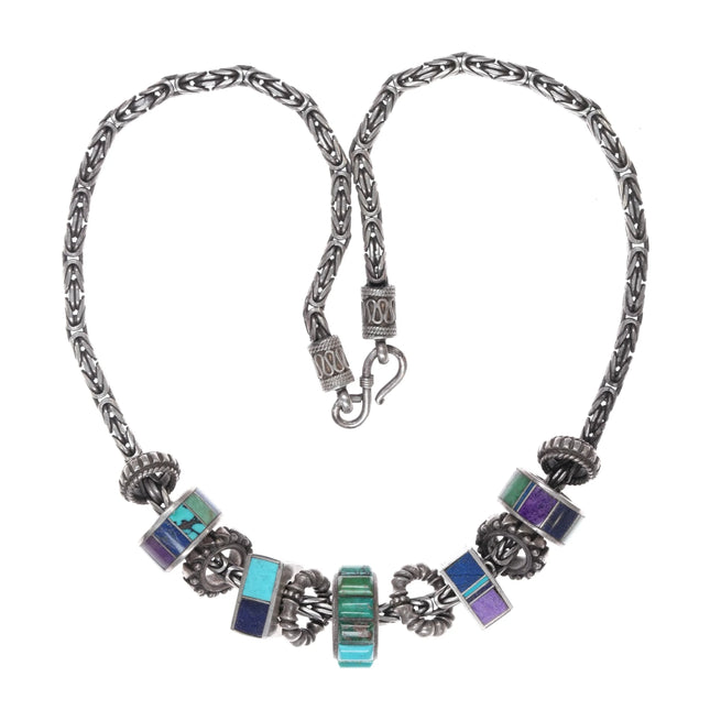 90's Santa Fe Sterling silver, Sugilite, turquoise, lapis inlay beaded necklace - Estate Fresh Austin
