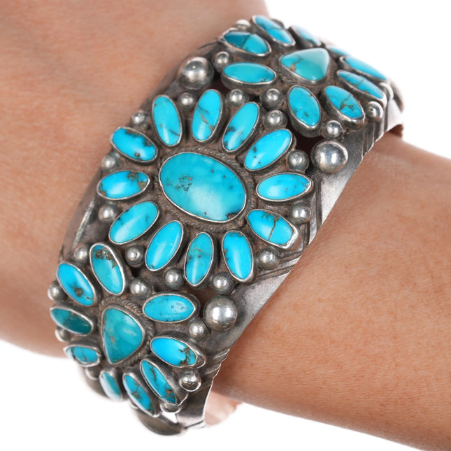 6.5" c1950 Fred Thompson Navajo sterling silver cluster turquoise cuff bracelet - Estate Fresh Austin