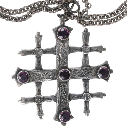 Antique Sterling silver Hand engraved Amethyst Jeruselum cross pendant necklace - Estate Fresh Austin