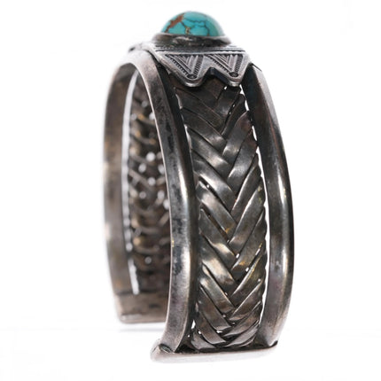 7" c1930's Navajo braided silver cuff bracelet w/ carinated sides turquoise - Estate Fresh Austin