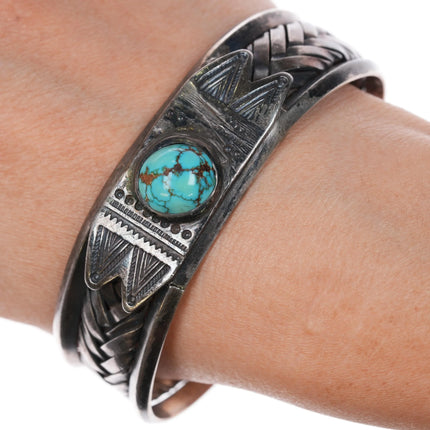 7" c1930's Navajo braided silver cuff bracelet w/ carinated sides turquoise - Estate Fresh Austin