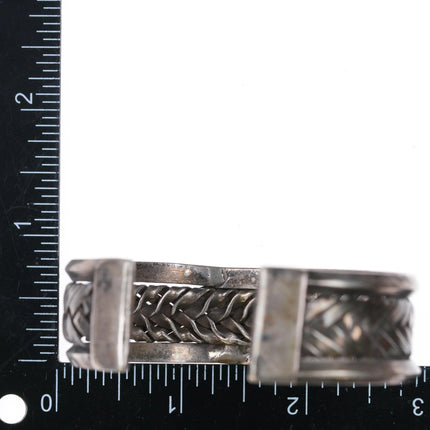 7" c1930's Navajo braided silver cuff bracelet w/ carinated sides turquoise - Estate Fresh Austin