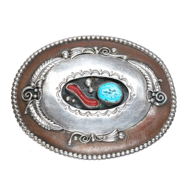 1970's Willetto Navajo Sterling silver, copper, coral, turquoise belt buckle - Estate Fresh Austin