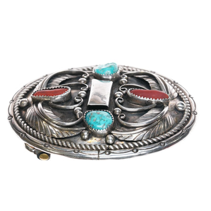 1970's KM Navajo sterling silver coral, turquoise belt buckle - Estate Fresh Austin