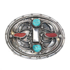 1970's KM Navajo sterling silver coral, turquoise belt buckle - Estate Fresh Austin