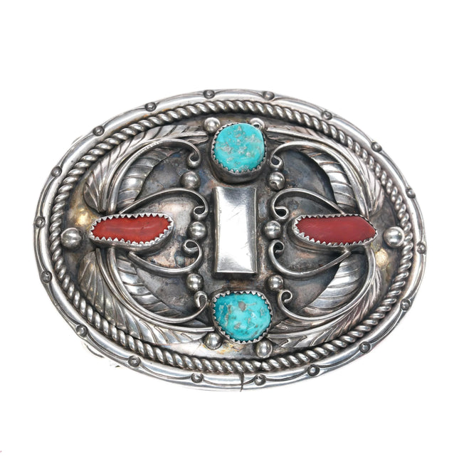 1970's KM Navajo sterling silver coral, turquoise belt buckle - Estate Fresh Austin