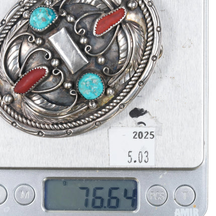 1970's KM Navajo sterling silver coral, turquoise belt buckle - Estate Fresh Austin