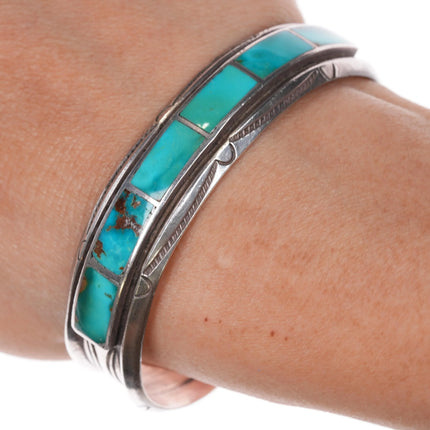 6.5" 40's-50's Navajo high grade turquoise inlay stamped sterling cuff bracelet - Estate Fresh Austin
