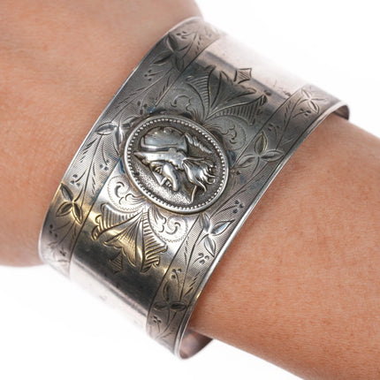 6.25" c1890 Antique Victorian sterling silver medallion engraved cuff bracelet - Estate Fresh Austin