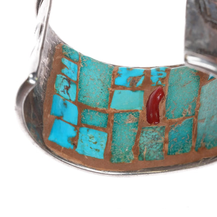 7.25" Navajo sterling silver cuff bracelet turquoise interior cobblestone inlay - Estate Fresh Austin