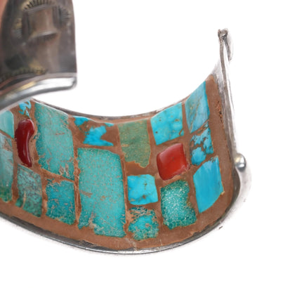 7.25" Navajo sterling silver cuff bracelet turquoise interior cobblestone inlay - Estate Fresh Austin