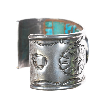 7.25" Navajo sterling silver cuff bracelet turquoise interior cobblestone inlay - Estate Fresh Austin