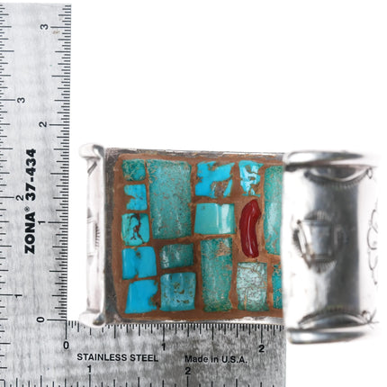 7.25" Navajo sterling silver cuff bracelet turquoise interior cobblestone inlay - Estate Fresh Austin
