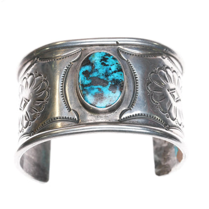 7.25" Navajo sterling silver cuff bracelet turquoise interior cobblestone inlay - Estate Fresh Austin