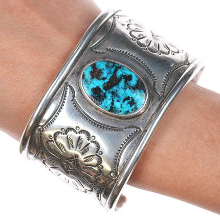 7.25" Navajo sterling silver cuff bracelet turquoise interior cobblestone inlay - Estate Fresh Austin
