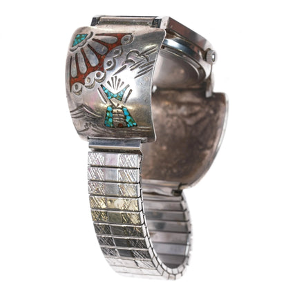 7.5" c1970 Bulova Whale Automatic watch Navajo sterling chip inlay tips BB - Estate Fresh Austin