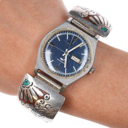 7.5" c1970 Bulova Whale Automatic watch Navajo sterling chip inlay tips BB - Estate Fresh Austin