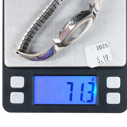 7.5" c1970 Bulova Whale Automatic watch Navajo sterling chip inlay tips BB - Estate Fresh Austin