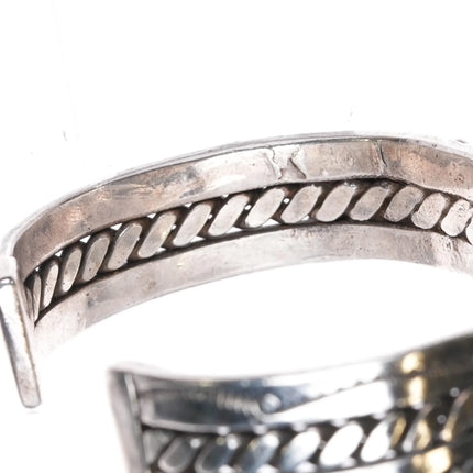 6.87" 20's-30's Navajo ingot silver turquoise row cuff bracelet w/ twisted wire - Estate Fresh Austin