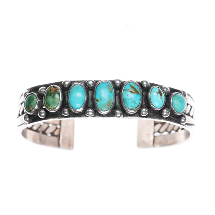 6.87" 20's-30's Navajo ingot silver turquoise row cuff bracelet w/ twisted wire - Estate Fresh Austin