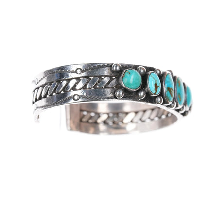 6.87" 20's-30's Navajo ingot silver turquoise row cuff bracelet w/ twisted wire - Estate Fresh Austin