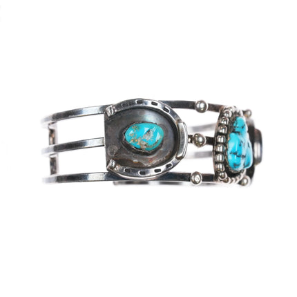 6.8" Vintage Navajo sterling silver cuff bracelet w/ horseshoe bezels turquoise - Estate Fresh Austin