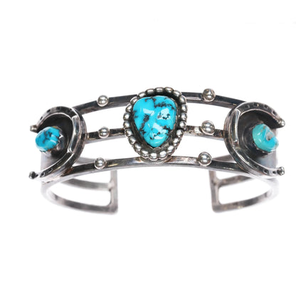 6.8" Vintage Navajo sterling silver cuff bracelet w/ horseshoe bezels turquoise - Estate Fresh Austin