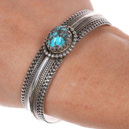 6.1" Southwestern sterling silver fancy cuff bracelet with nice turquoise - Estate Fresh Austin